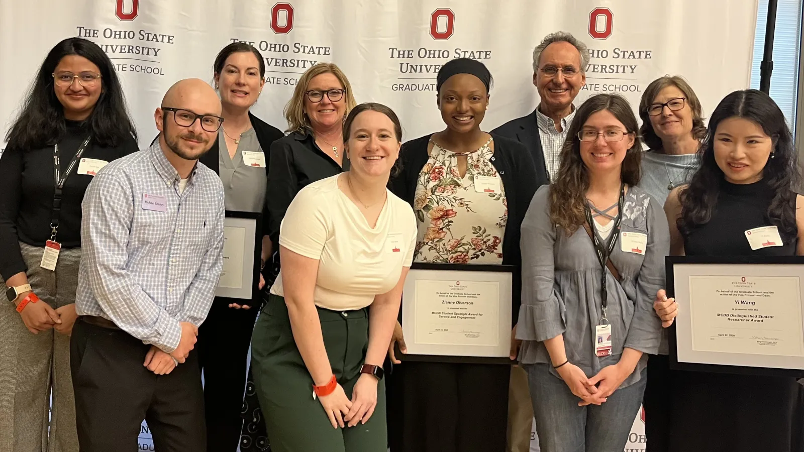 Ayushi Das, Maria Mihaylova, Michael SMoley, Dawn Chandler, Emily Payne, Zianne Olverson, Tony Brown, Jessica Wedig, Mandy Hargett and Yi Wang at the 2026 Graduate School Award Ceremony