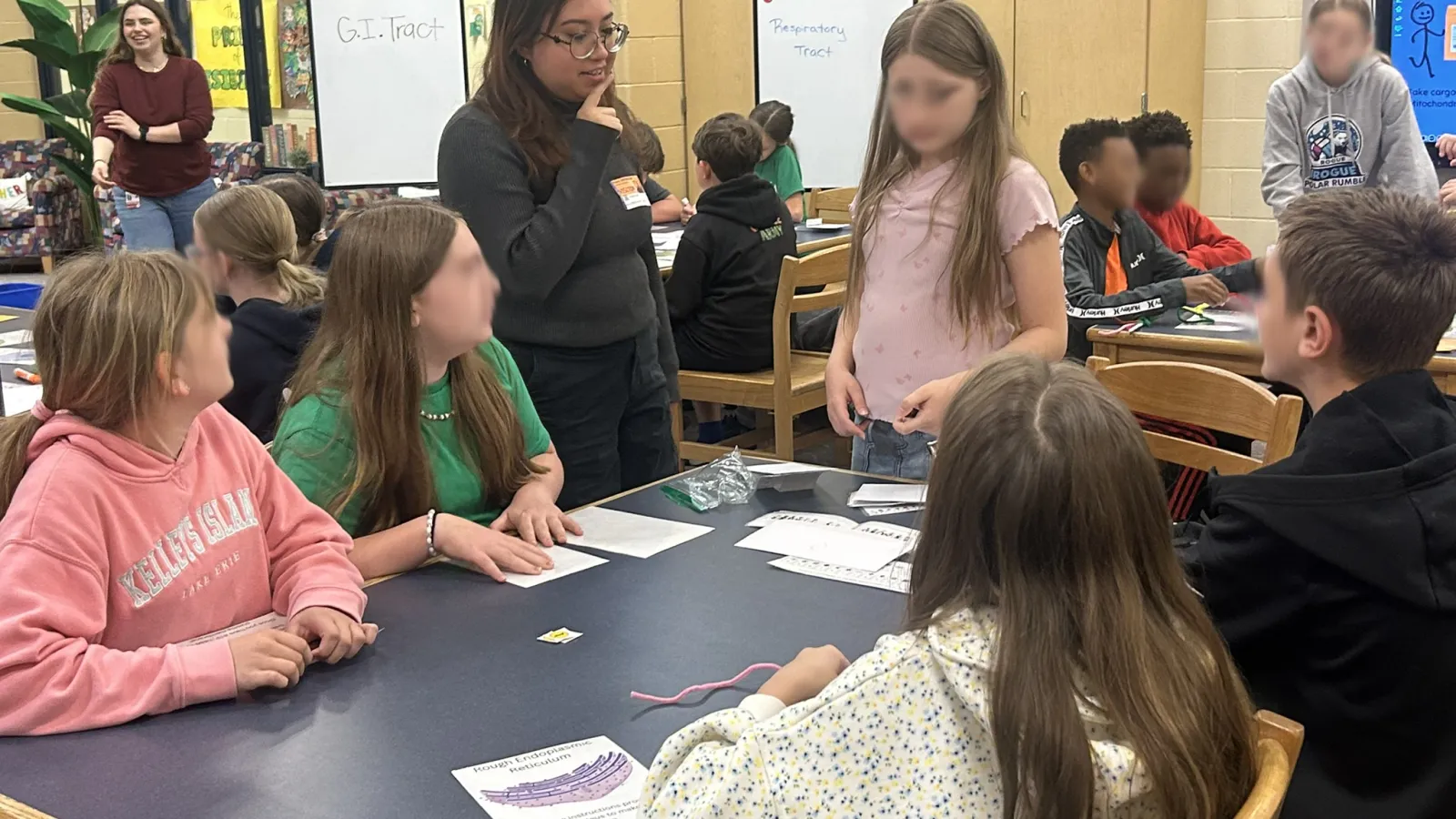 Carmen Rodriguez leading a table of students through the cell activity